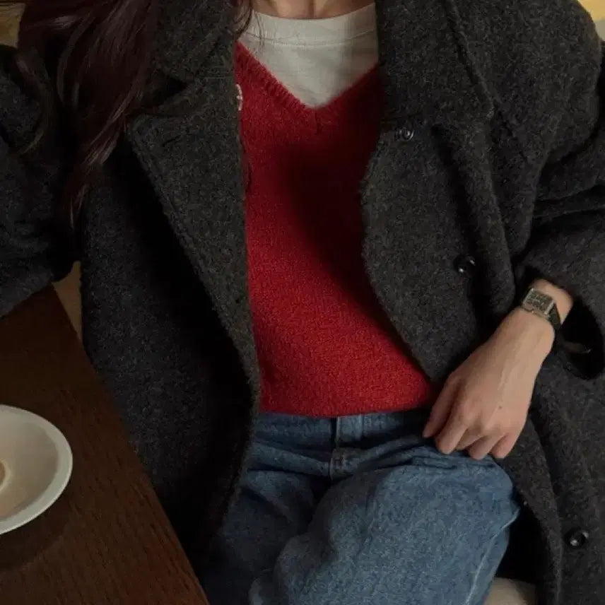 [BUNJANG] Frenzy Wool Oversized V-Neck Knit Sweater (Red) / 프렌제이 울 오버핏 브이넥 니트 (레드)