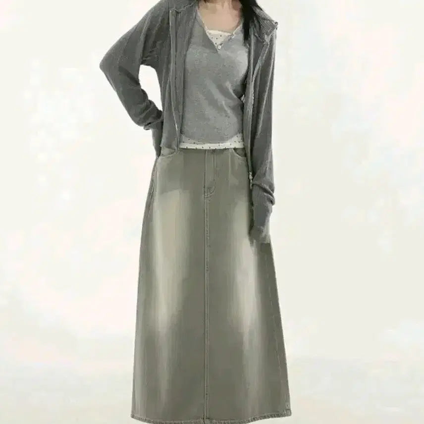 [BUNJANG] Beige Gray Denim Long Skirt / 베이지그레이 데님 밴딩 롱스커트 청치마