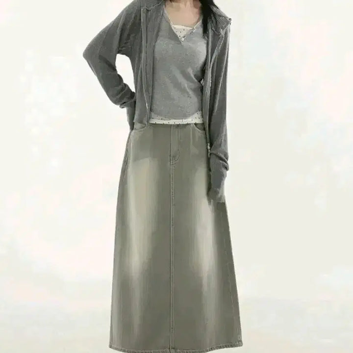 [BUNJANG] Beige Gray Denim Long Skirt / 베이지그레이 데님 밴딩 롱스커트 청치마