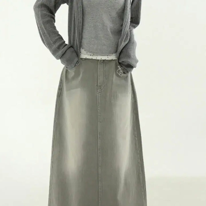 [BUNJANG] Beige Gray Denim Long Skirt / 베이지그레이 데님 밴딩 롱스커트 청치마