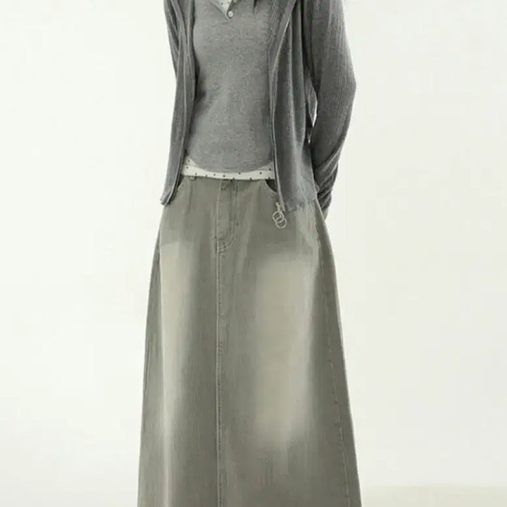 [BUNJANG] Beige Gray Denim Long Skirt / 베이지그레이 데님 밴딩 롱스커트 청치마