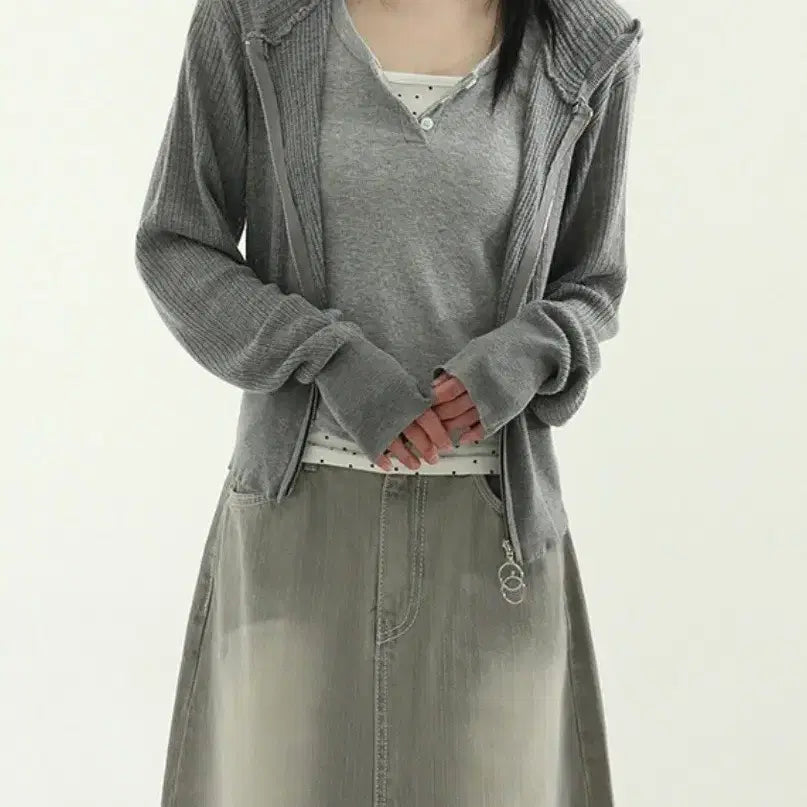 [BUNJANG] Beige Gray Denim Long Skirt / 베이지그레이 데님 밴딩 롱스커트 청치마