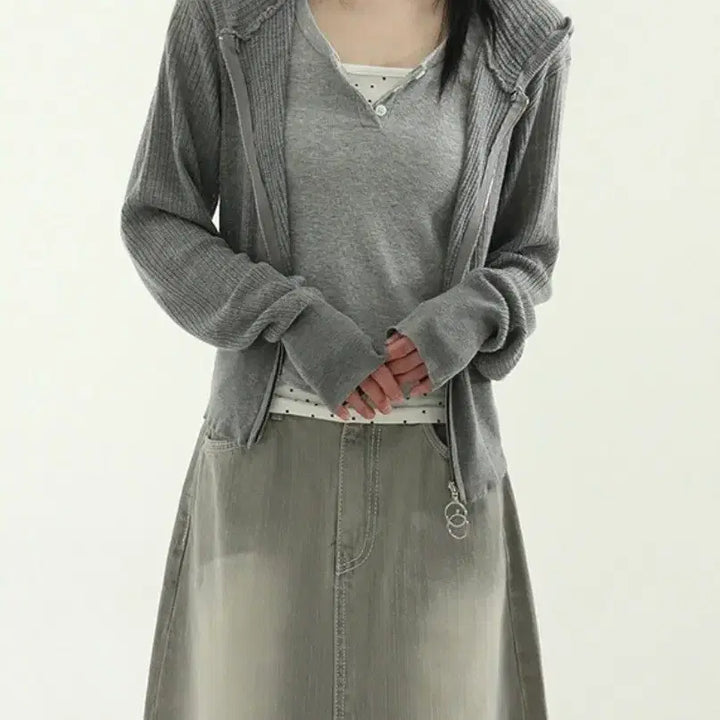 [BUNJANG] Beige Gray Denim Long Skirt / 베이지그레이 데님 밴딩 롱스커트 청치마