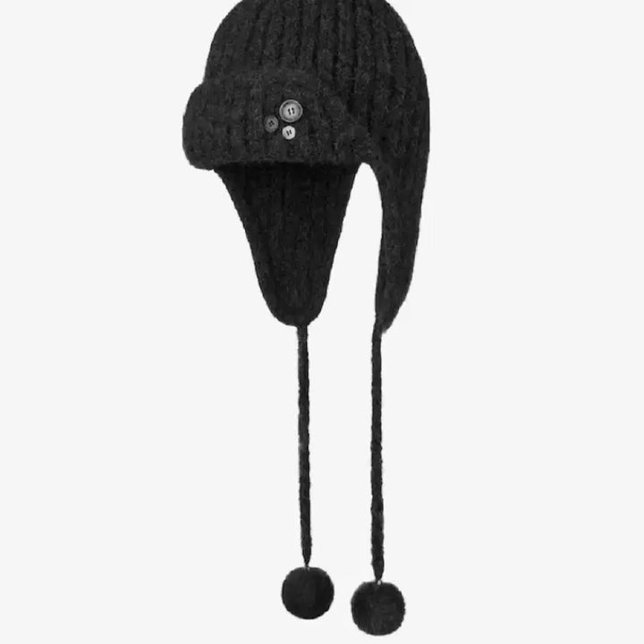 [BUNJANG] AEAE Button Knit Trooper Beanie - Black / 에이이에이이 버튼 니트 트루퍼 비니_블랙