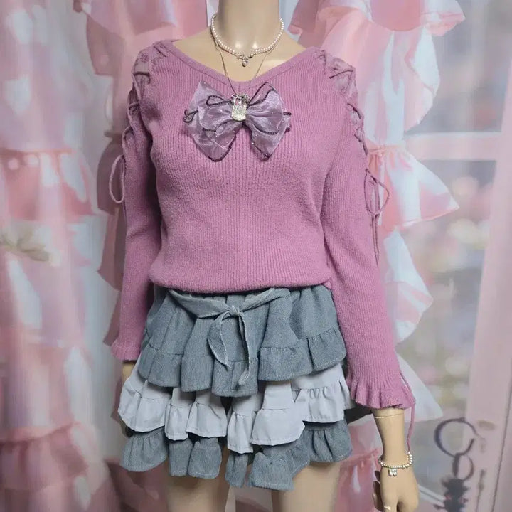 [BUNJANG] MAJESTIC LEGON Lace Shoulder Lace-up Knit Top / 스나계 니트 MAJESTIC LEGON 회보라 레이스숄더 레이스업 니트
