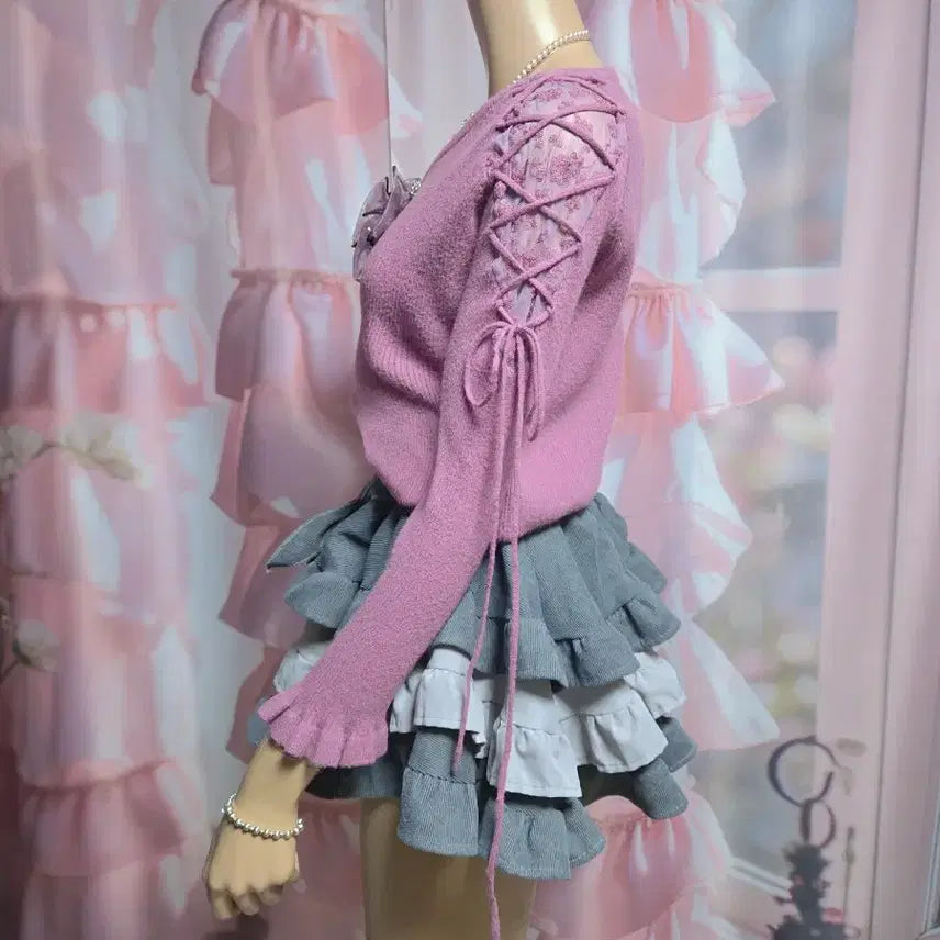 [BUNJANG] MAJESTIC LEGON Lace Shoulder Lace-up Knit Top / 스나계 니트 MAJESTIC LEGON 회보라 레이스숄더 레이스업 니트