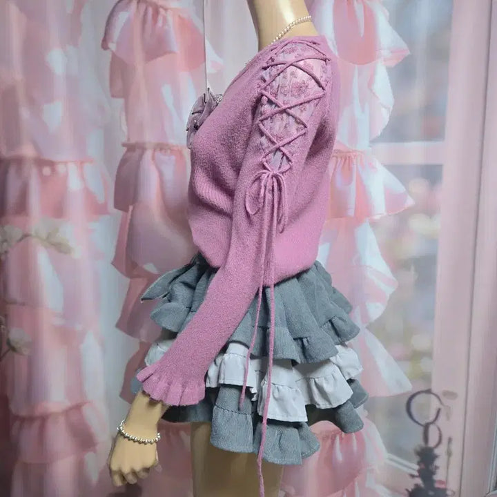 [BUNJANG] MAJESTIC LEGON Lace Shoulder Lace-up Knit Top / 스나계 니트 MAJESTIC LEGON 회보라 레이스숄더 레이스업 니트