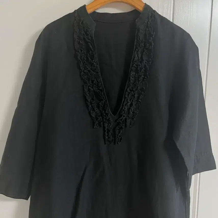 [BUNJANG] Vintage Black V-Neck Half-Sleeve Midi Dress / (일본 수입 빈티지)블랙 원피스 브이넥 반팔 5부소매