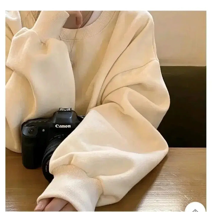 [BUNJANG] Cream Cheese Market Fleece Lined Sweatshirt - Cream, Free Size / 크림치즈마켓 양기모 맨투맨 - 크림,프리
