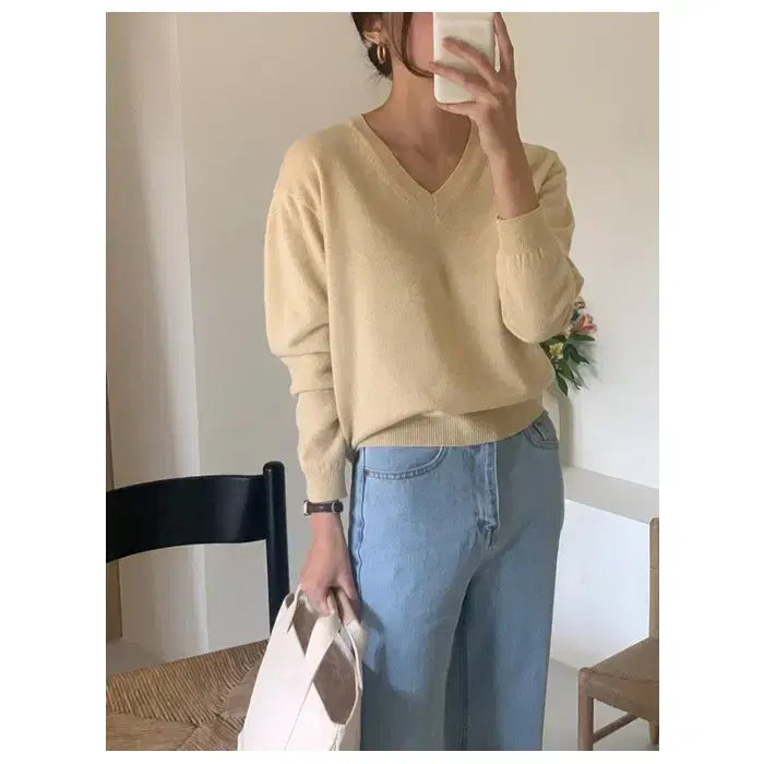 [BUNJANG] Sunday Superfine Merino Wool V-Neck Knit Sweater / 메리노울77)선데이 슈퍼파인메리노울 코튼 여리핏 보카시 옐로우 v넥 니트