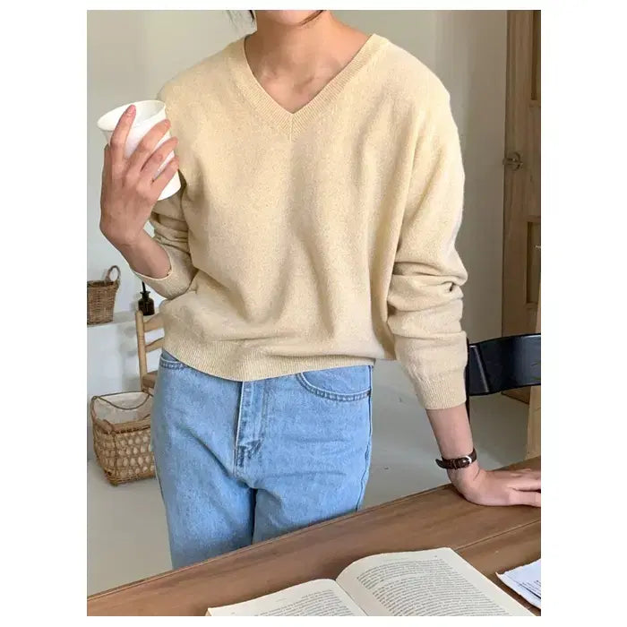 [BUNJANG] Sunday Superfine Merino Wool V-Neck Knit Sweater / 메리노울77)선데이 슈퍼파인메리노울 코튼 여리핏 보카시 옐로우 v넥 니트