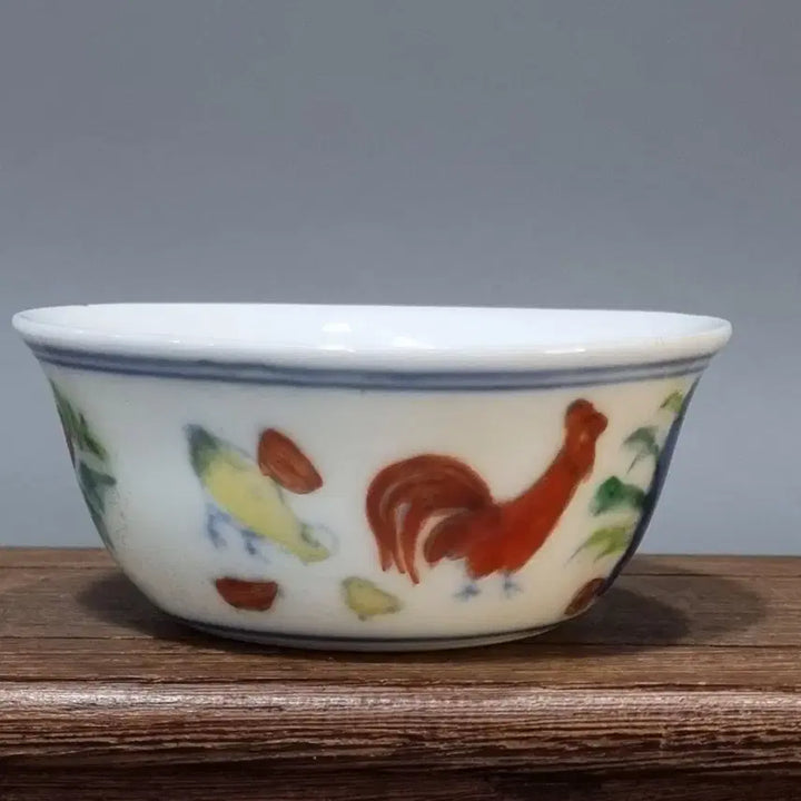 [BUNJANG] Ming Dynasty Chenghua Period Doucai Chicken Motif Wine Cup / 대명성화년제 투채계항배. 지름8.6고3.7