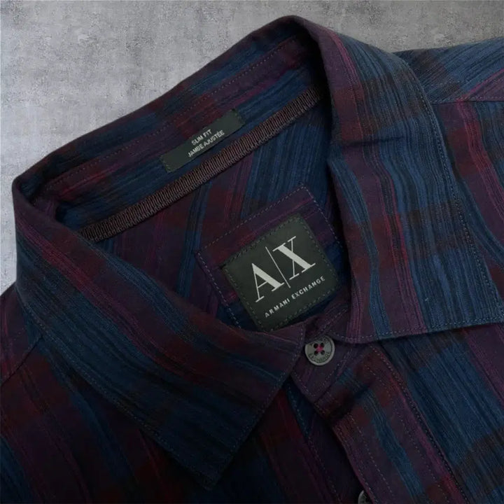 [BUNJANG] Armani Exchange Slim Fit Checkered Shirt / 아르마니 익스체인지 네이비 퍼플 체크 슬림핏 셔츠 S(90)