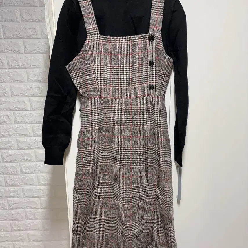 [BUNJANG] Check Long Dress with Knit (New) / 체크 멜빵 롱원피스 니트포함 새상품