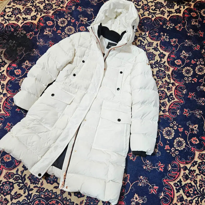 [BUNJANG] Black Yak Rose Gold Zip-Up White Hooded Canada Down Long Padded Coat / 블랙야크 로즈골드 집업 화이트 후드 캐나다다운 롱패딩