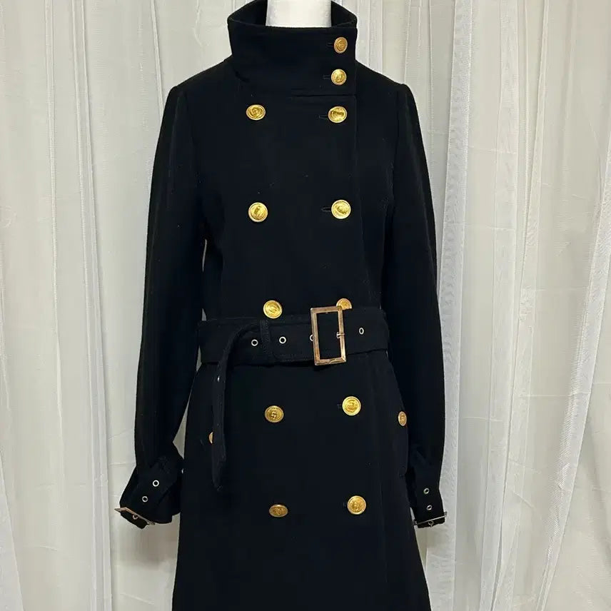 [BUNJANG] Mascal Black Gold Button Belted Coat / 마즈깔 블랙 금장 하이넥 더블버튼 벨트 코트 오네갸루