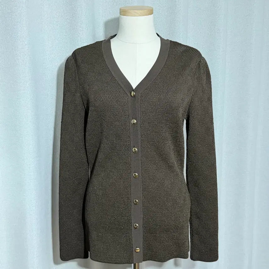 [BUNJANG] Time Embossed Puff V-Neck Knit Cardigan (Dark Brown) / 한섬 타임 엠보 퍼프 브이넥 니트 가디건 (다크브라운) - 미착용 새상품