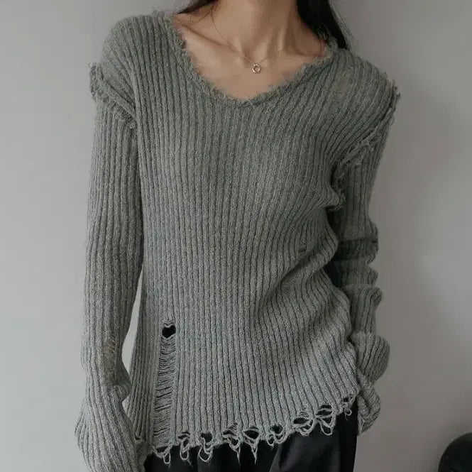[BUNJANG] Grunge Wool Damage V-Neck Knit / 그런지 울 데미지 브이넥 니트