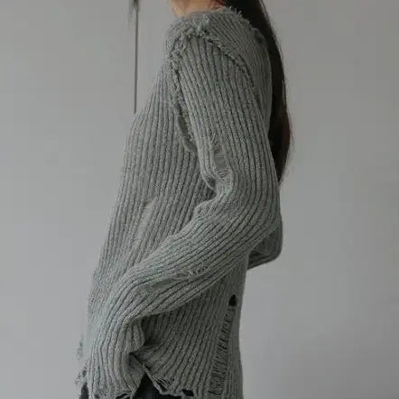 [BUNJANG] Grunge Wool Damage V-Neck Knit / 그런지 울 데미지 브이넥 니트