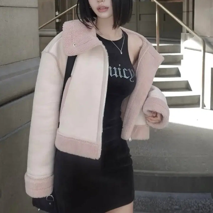[BUNJANG] Pale Jade Cropped Faux Mouton (Pink) / 페일제이드 크롭 무스탕 (핑크)
