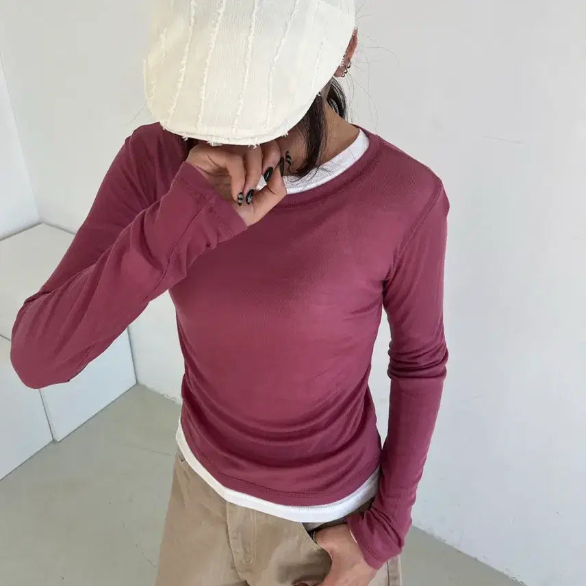 [BUNJANG] Layered Tencel T-Shirt (Pink) / 레이어드 텐셀 티셔츠 (핑크)