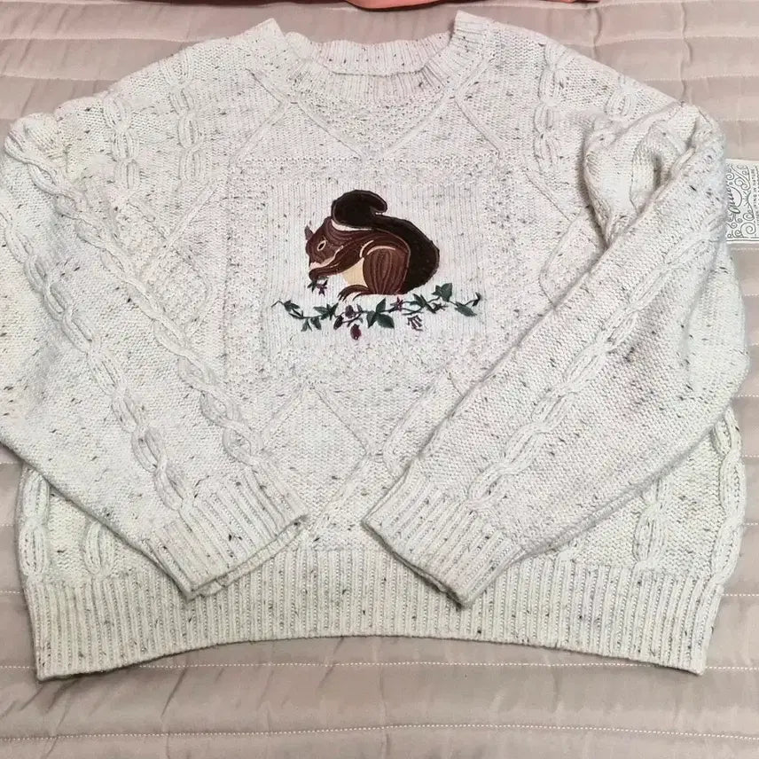 [BUNJANG] Oatmeal Squirrel Embroidery Knit (Free Size) / 희귀템! 감성 가득 오트밀 다람쥐 자수 니트