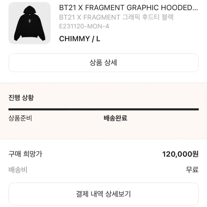 [BUNJANG] BT21 CHIMMY Fragment Graphic Hoodie / [L] BT21 X Fragment 그래픽 후드티 CHIMMY