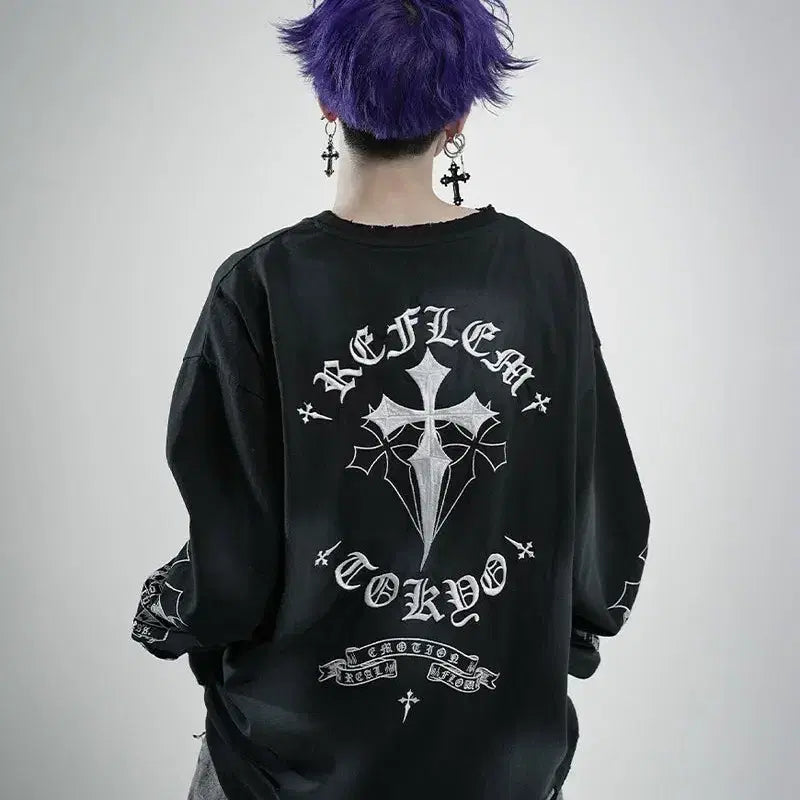 [BUNJANG] REFLEM Cross Embroidered Long T-Shirt / REFLEM 레플렘 크로스 자수 롱 티셔츠