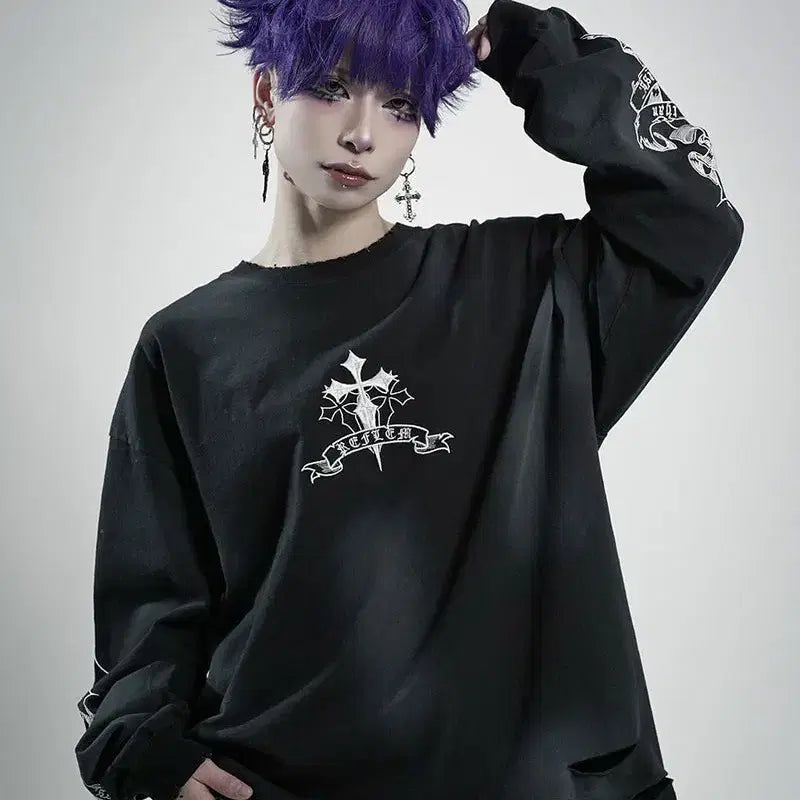 [BUNJANG] REFLEM Cross Embroidered Long T-Shirt / REFLEM 레플렘 크로스 자수 롱 티셔츠