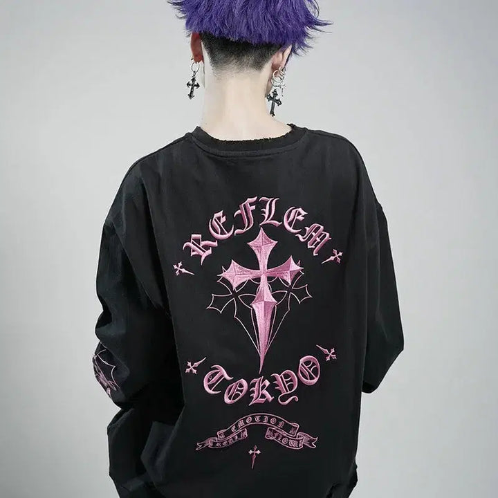 [BUNJANG] REFLEM Cross Embroidered Long T-Shirt / REFLEM 레플렘 크로스 자수 롱 티셔츠