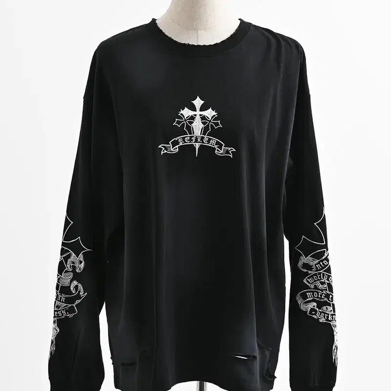 [BUNJANG] REFLEM Cross Embroidered Long T-Shirt / REFLEM 레플렘 크로스 자수 롱 티셔츠