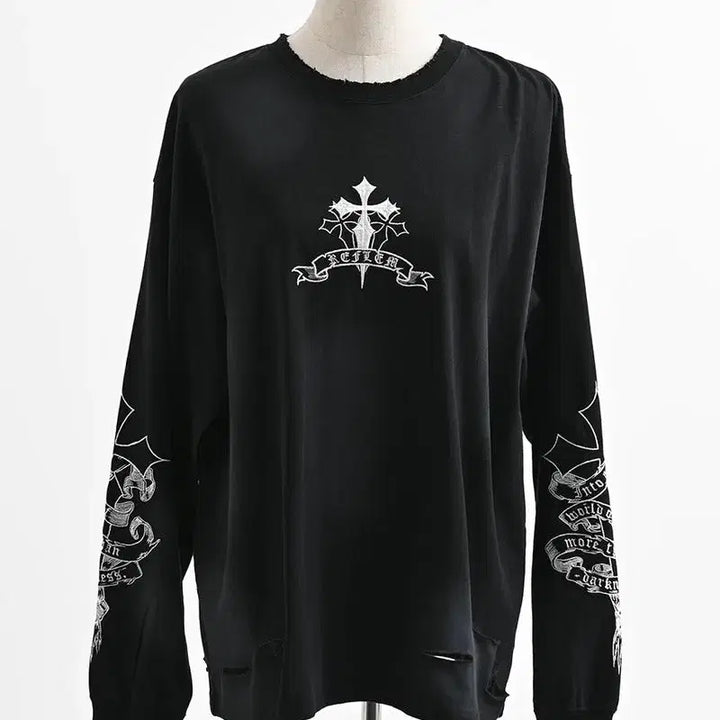 [BUNJANG] REFLEM Cross Embroidered Long T-Shirt / REFLEM 레플렘 크로스 자수 롱 티셔츠