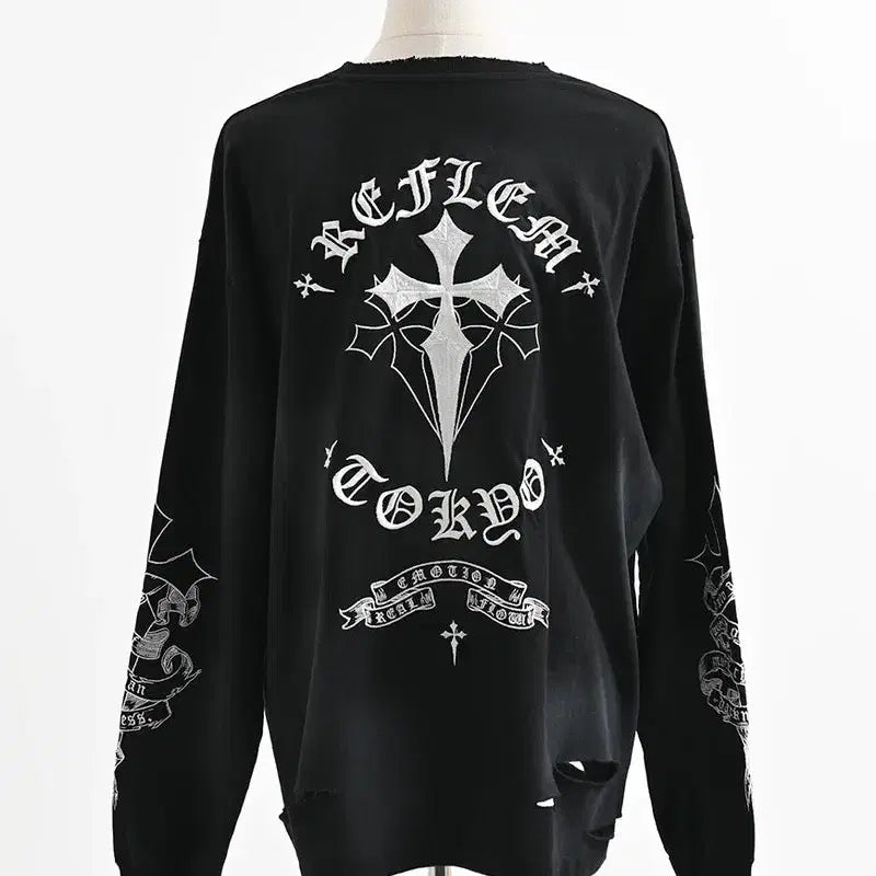 [BUNJANG] REFLEM Cross Embroidered Long T-Shirt / REFLEM 레플렘 크로스 자수 롱 티셔츠