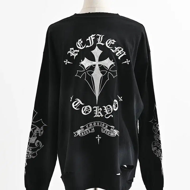 [BUNJANG] REFLEM Cross Embroidered Long T-Shirt / REFLEM 레플렘 크로스 자수 롱 티셔츠
