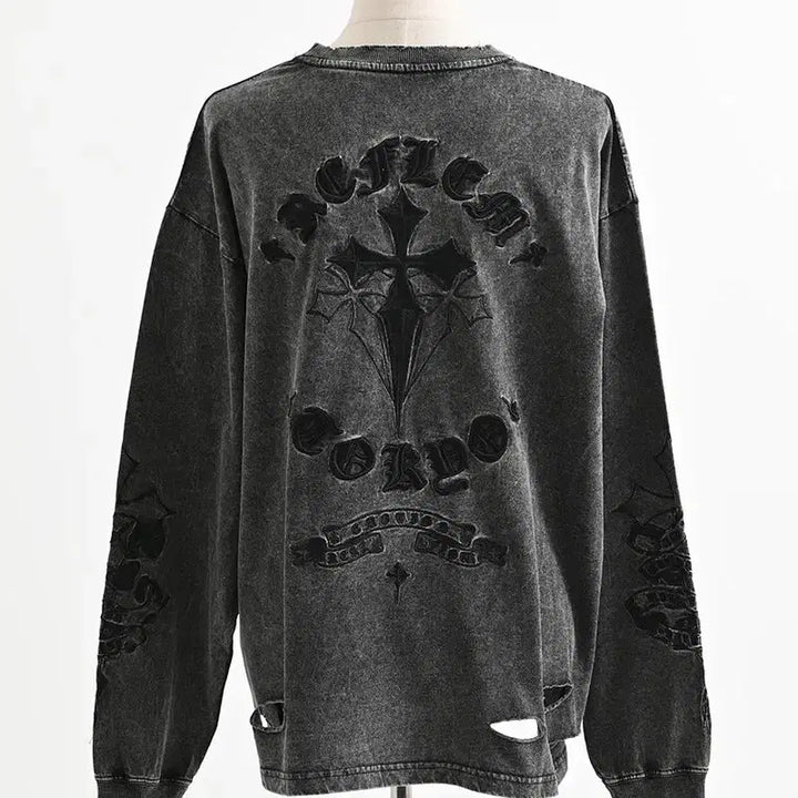 [BUNJANG] REFLEM Cross Embroidered Long T-Shirt / REFLEM 레플렘 크로스 자수 롱 티셔츠