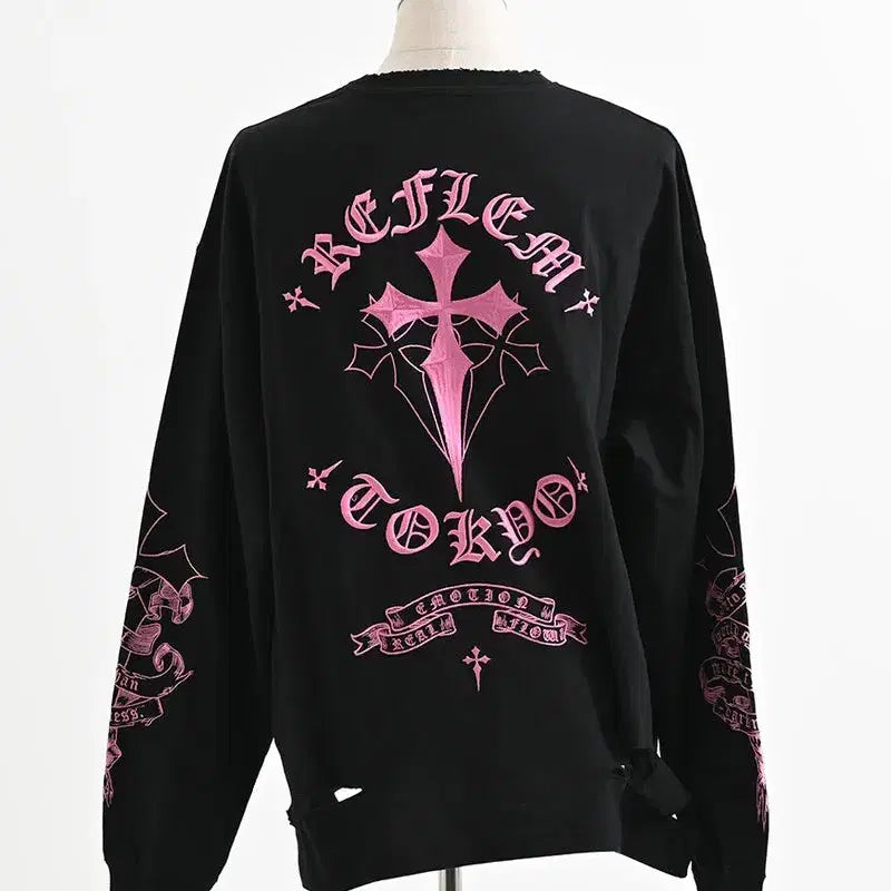 [BUNJANG] REFLEM Cross Embroidered Long T-Shirt / REFLEM 레플렘 크로스 자수 롱 티셔츠