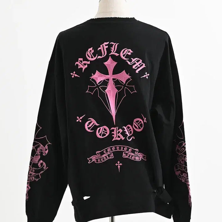 [BUNJANG] REFLEM Cross Embroidered Long T-Shirt / REFLEM 레플렘 크로스 자수 롱 티셔츠