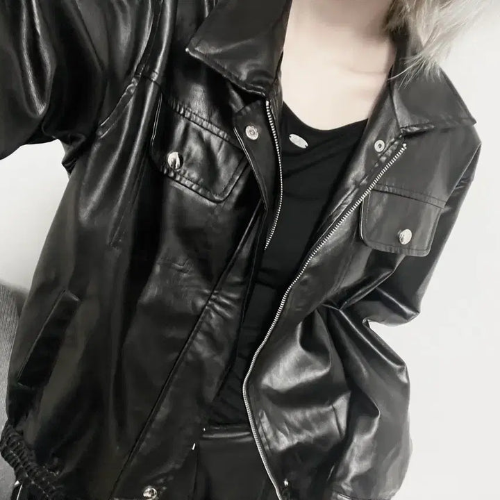 [BUNJANG] Unknown Brand Oversized Faux Leather Bomber Jacket / 00s 포켓 페이크 레더 봄버 오버핏 자켓 블랙 락시크무채색 올세인츠자라