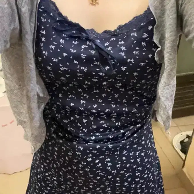 [BUNJANG] Floral Mini Dress and Cardigan Set - Navy / 플라워 꽃 미니 원피스 가디건 세트 리본 공항 여리핏 민소매 네이비 남색
