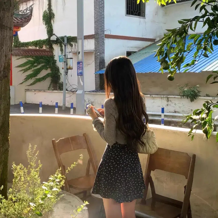 [BUNJANG] Floral Mini Dress and Cardigan Set - Navy / 플라워 꽃 미니 원피스 가디건 세트 리본 공항 여리핏 민소매 네이비 남색
