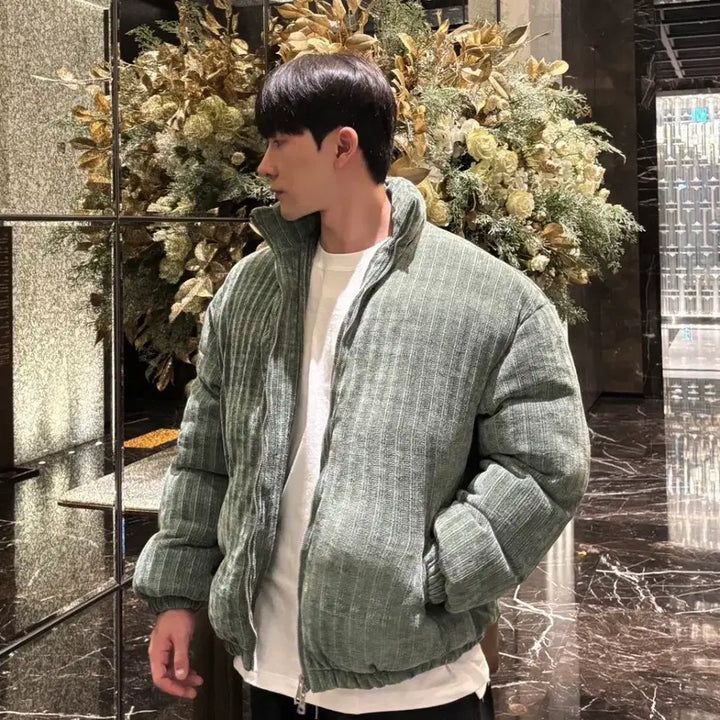[BUNJANG] Khaki Corduroy Knit Padded Jumper / 카키 코듀로이 니트패딩 점퍼