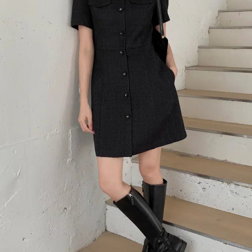 [BUNJANG] Edmore Tweed Mini Dress Black (Size S) / 에드모어 트위드 반팔 미니 원피스 블랙S 결혼식 하객룩 지그재그