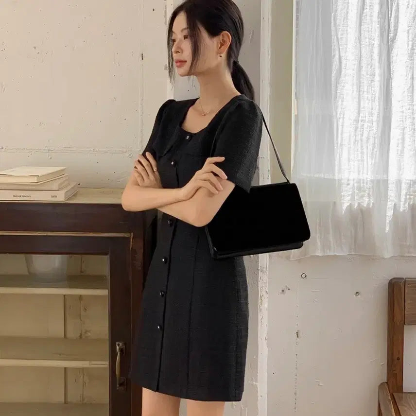 [BUNJANG] Edmore Tweed Mini Dress Black (Size S) / 에드모어 트위드 반팔 미니 원피스 블랙S 결혼식 하객룩 지그재그