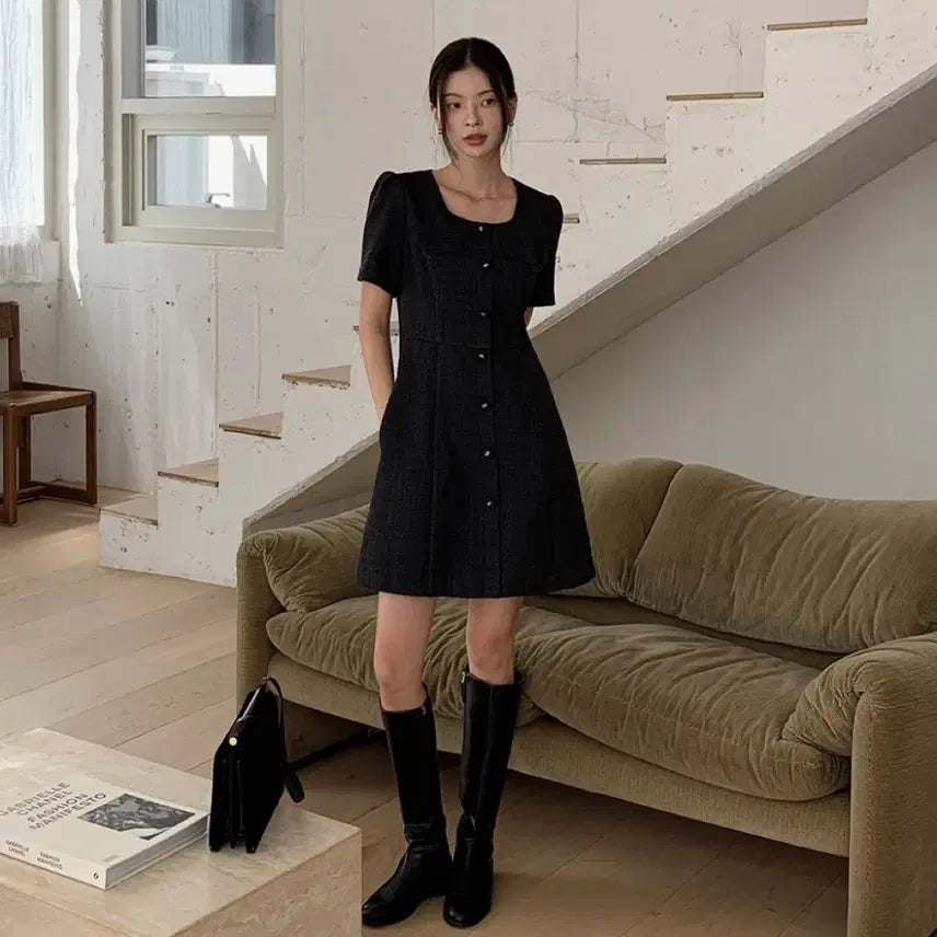 [BUNJANG] Edmore Tweed Mini Dress Black (Size S) / 에드모어 트위드 반팔 미니 원피스 블랙S 결혼식 하객룩 지그재그