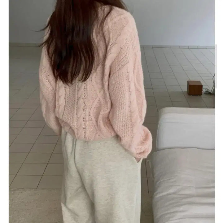 [BUNJANG] Libre Boat Neck Fisherman Cable Knit Sweater - Pink / [리브레] 보트넥 피셔맨 꽈배기 니트 : 핑크