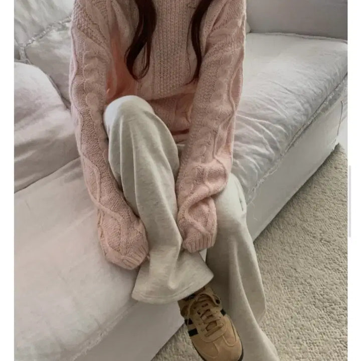 [BUNJANG] Libre Boat Neck Fisherman Cable Knit Sweater - Pink / [리브레] 보트넥 피셔맨 꽈배기 니트 : 핑크