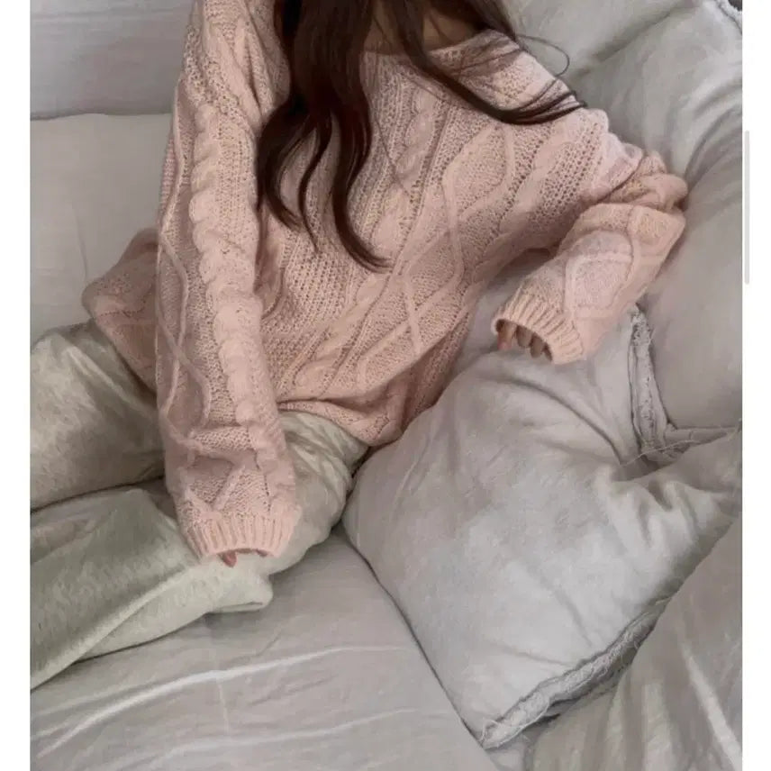 [BUNJANG] Libre Boat Neck Fisherman Cable Knit Sweater - Pink / [리브레] 보트넥 피셔맨 꽈배기 니트 : 핑크