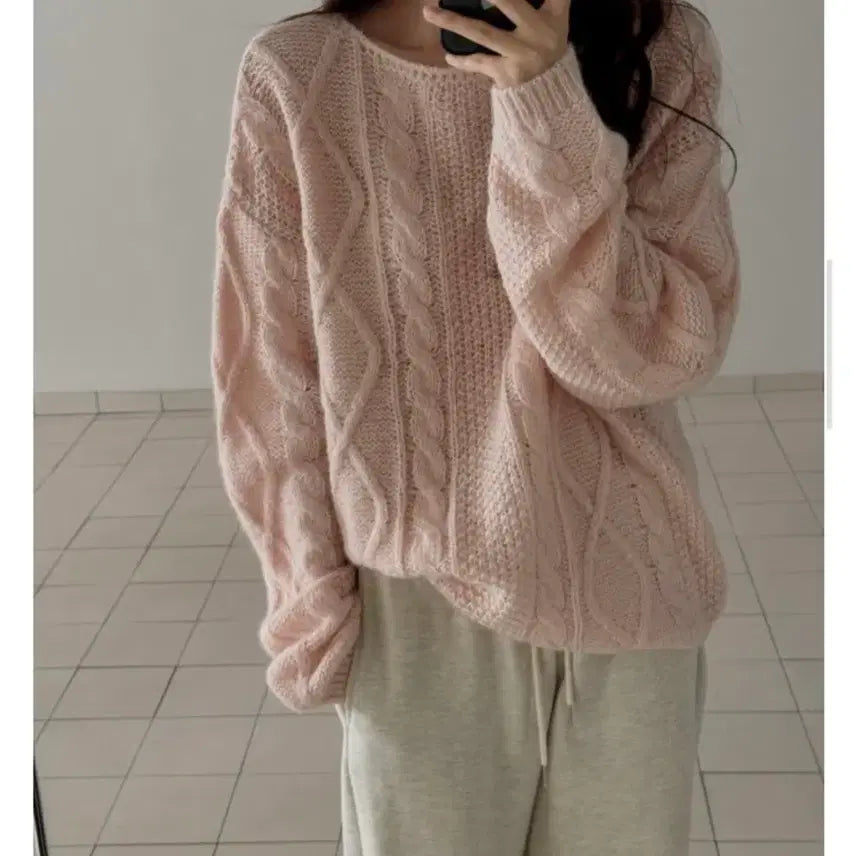 [BUNJANG] Libre Boat Neck Fisherman Cable Knit Sweater - Pink / [리브레] 보트넥 피셔맨 꽈배기 니트 : 핑크