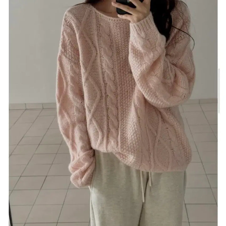 [BUNJANG] Libre Boat Neck Fisherman Cable Knit Sweater - Pink / [리브레] 보트넥 피셔맨 꽈배기 니트 : 핑크