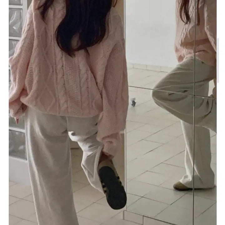 [BUNJANG] Libre Boat Neck Fisherman Cable Knit Sweater - Pink / [리브레] 보트넥 피셔맨 꽈배기 니트 : 핑크